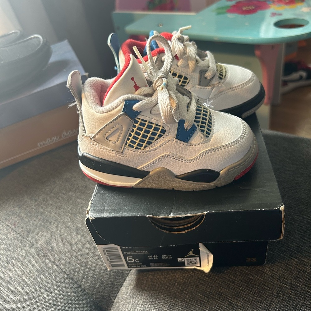Jordan Kids Sneakers in White, Blue, and Red
